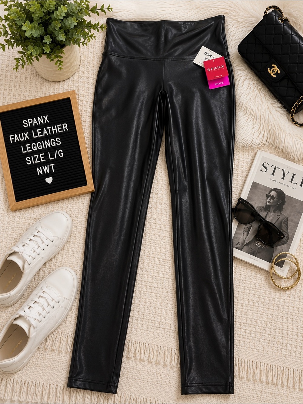 NWT SPANX Faux Leather Leggings Black Size Large Shaping High Rise